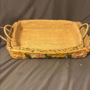 Rustic Tan Woven Basket with Floral Design